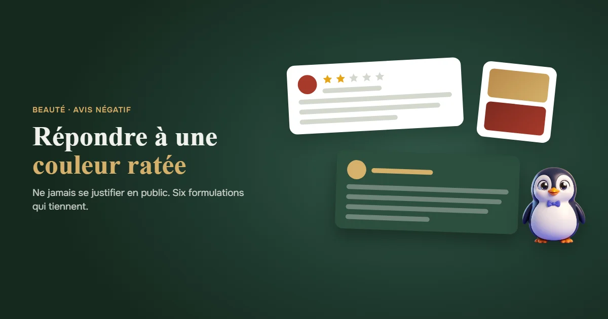 Répondre à une couleur ratée : un avis à deux étoiles, la réponse préparée par Alfred, le nuancier de la couleur attendue et obtenue, et la mascotte.