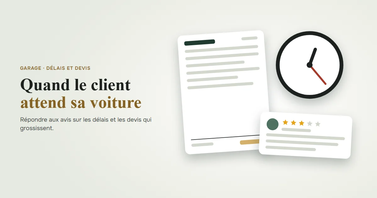 Quand le client attend sa voiture : un devis, l'horloge de l'atelier et un avis à trois étoiles.